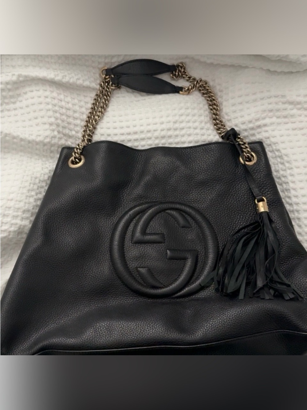 Large Gucci Black Leather Shoulder Bag with Gold Chain Straps